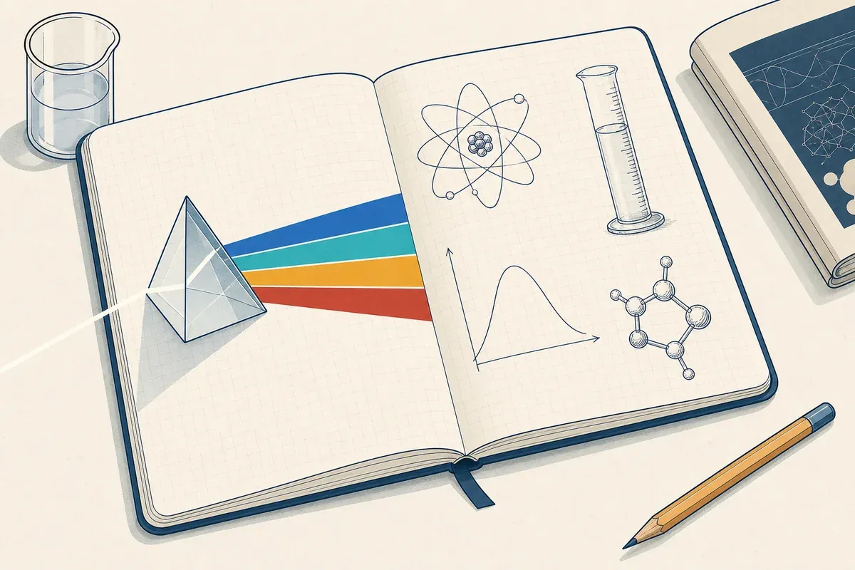 Cahier de laboratoire ouvert, un prisme décompose un faisceau en quatre raies colorées sur la page