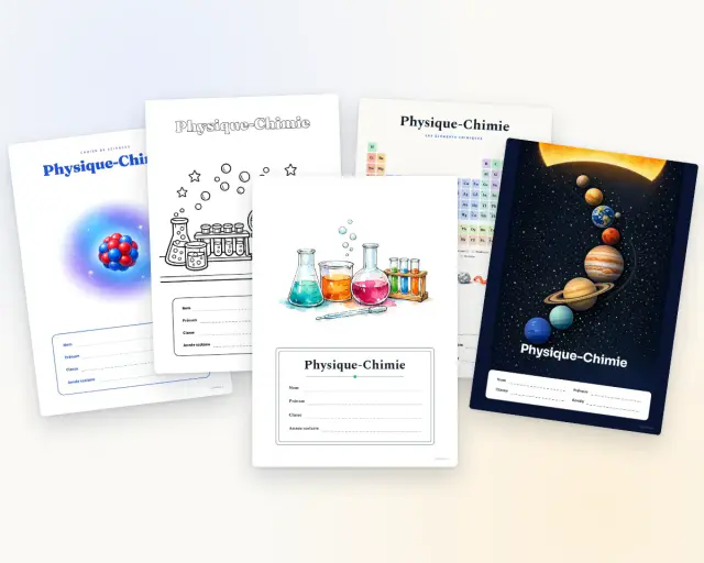 Cinq pages de garde de physique-chimie à imprimer : atome, labo à colorier, tableau périodique, verrerie et système solaire