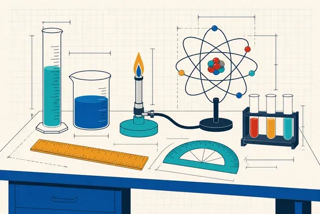 Paillasse de laboratoire avec verrerie graduée et notes manuscrites