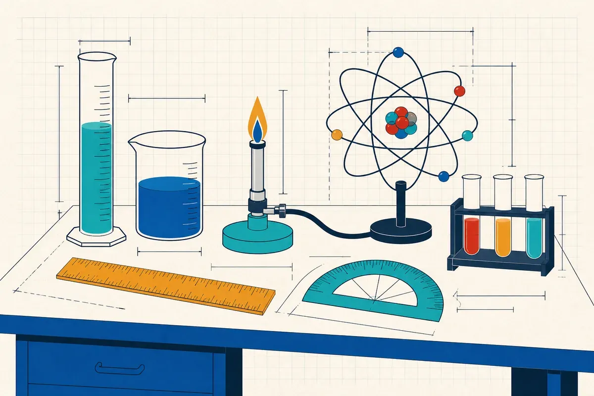 Paillasse de laboratoire avec verrerie graduée et notes manuscrites