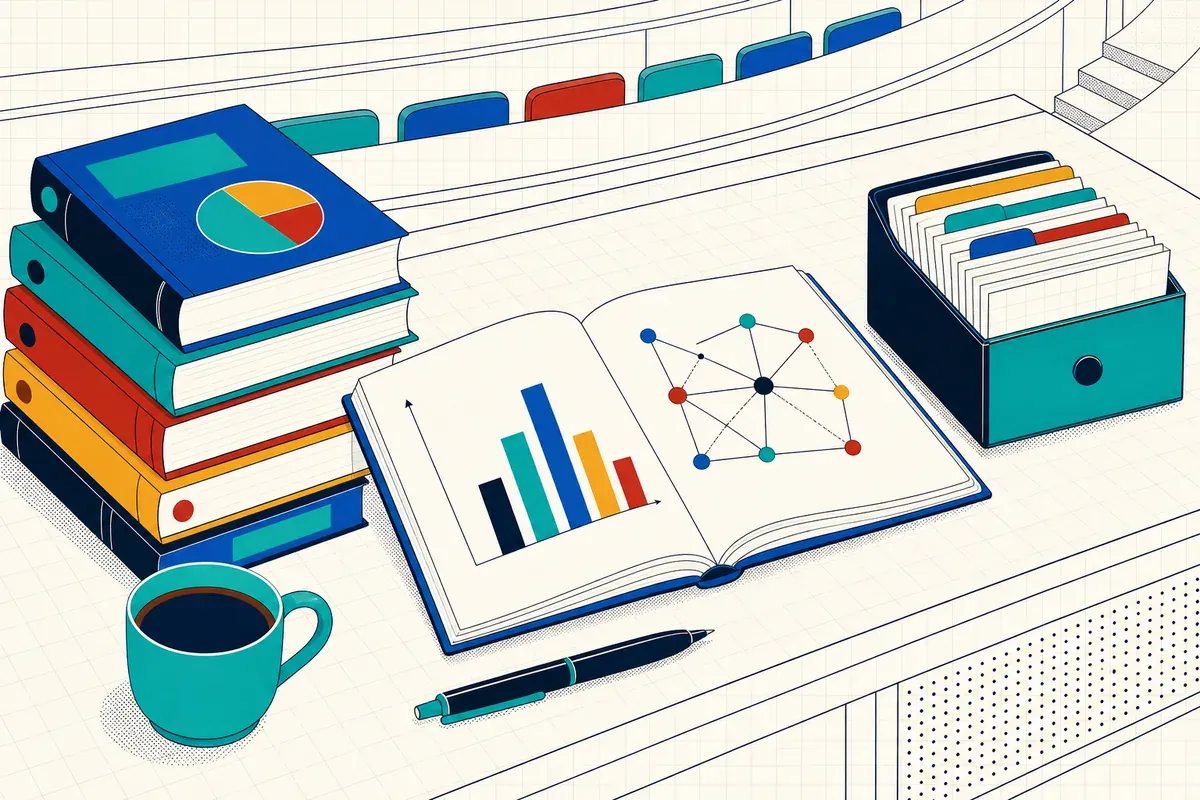 Table de travail avec ouvrages de sciences sociales et graphiques annotés