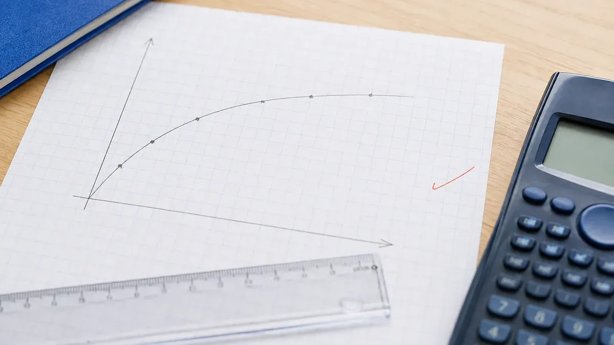 Courbe tracée au crayon sur papier quadrillé avec une annotation rouge, règle transparente et calculatrice scientifique