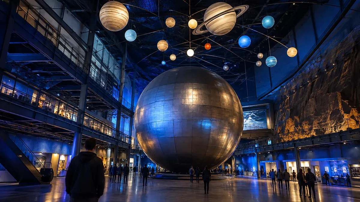 Hall d'un musée des sciences : grande sphère métallique et mobile de planètes suspendu sous une charpente d'acier