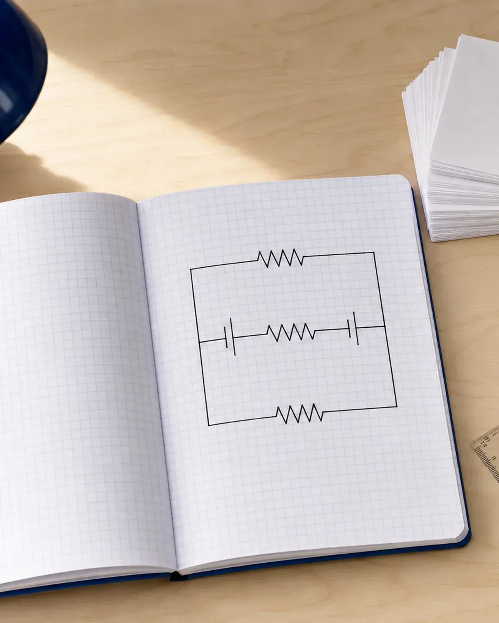Cahier de sciences ouvert sur un schéma de circuit électrique dessiné à main levée, pile de fiches blanches sur un bureau en bois clair